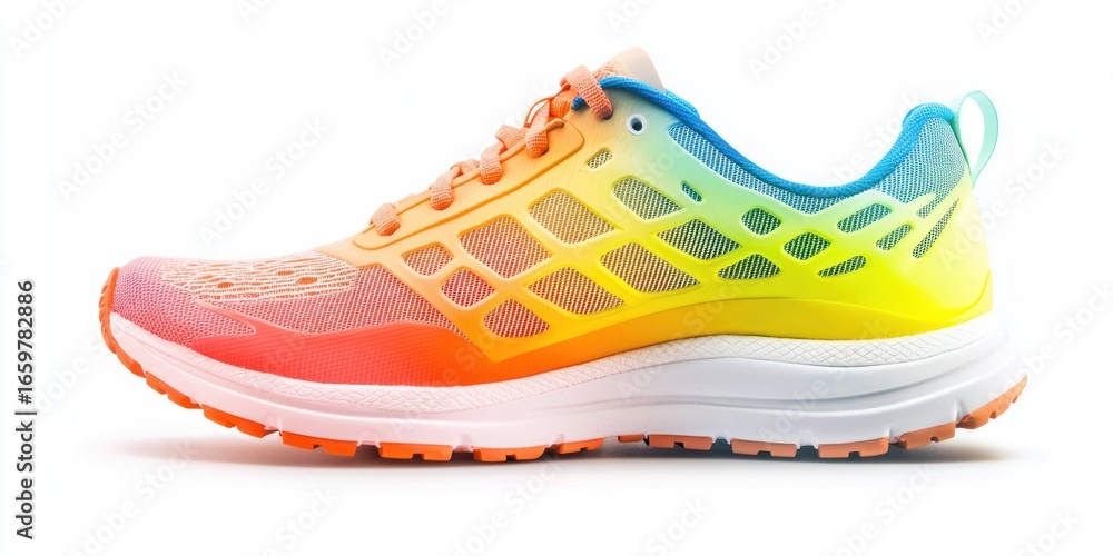 Poster a vibrant, rainbow-colored running shoe is displayed against a white background. the shoe features a