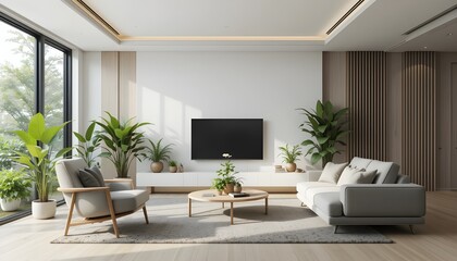 Modern minimalist living room interior with green plants