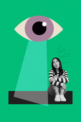 Trend artwork composite banner 3D photo collage of young woman sit down eyeball ray watch security oversee control escape vision see