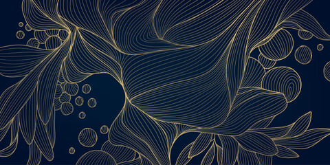 Vector gold flowers line background, art deco abstract floral pattern, luxury nature art, plant wallpaper. Wedding texture vintage ornament, oriental blossom design