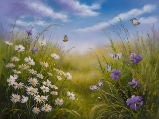 Idyllic flower field with daisies and butterflies under a blue sky, a serene and peaceful nature landscape painting