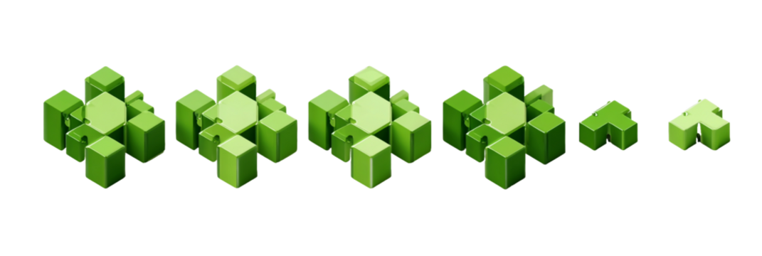 Geometric abstract green crystals growing in a line on black background