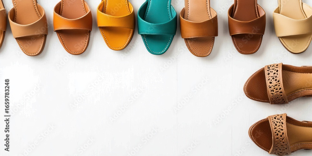 Aufkleber a collection of leather slides is arranged in a row on a white wooden surface. the slides come in va