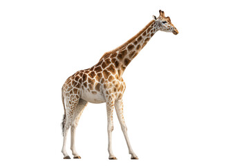Obraz premium Tall giraffe walks across frame, isolated on a black background, showing its unique pattern