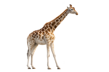 Tall giraffe walks across frame, isolated on a black background, showing its unique pattern