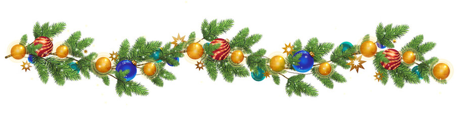 Border garland of Christmas tree branches decorated with colorful ornaments.