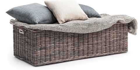 Obraz premium A large, woven wicker storage bench is positioned against a white background. It is filled with a thick, gray blanket, a blue and gray plaid pillow, and a beige linen pillow. 