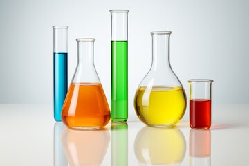 Colorful laboratory glassware filled with vibrant, different colored liquids is displayed.