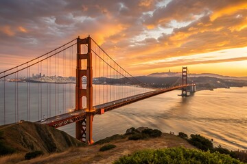 Obraz premium Gorgeous view of the Golden Gate Bridge in San Francisco, Busy traffic highway, and Highway stock view of an airplane