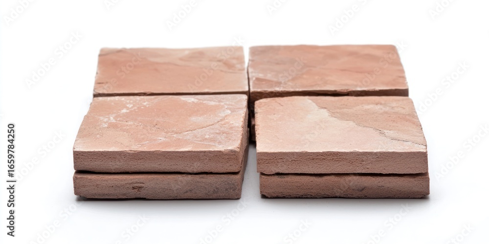 Poster a set of four rustic, reddish-brown clay tiles are arranged in a row on a white surface. the tiles h