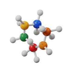 Obraz premium A 3D model of a molecule like caffeine or water. Stylized with colorful spheres and sticks. Science and chemistry element