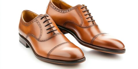 A pair of brown leather dress shoes sits on a white surface. The shoes are a deep brown color with a polished finish and intricate broguing detailing on the sides. 