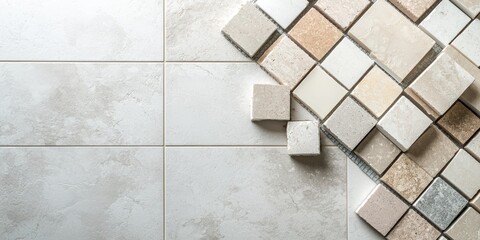 A selection of ceramic tiles is arranged on a large, white, rectangular tile. Smaller mosaic tiles are scattered around the larger tiles, showcasing a variety of earthy tones and textures.