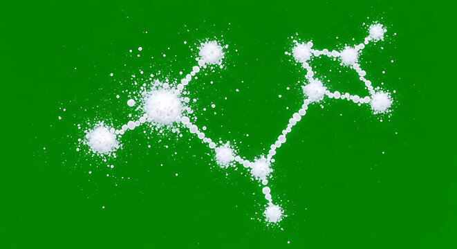 Abstract molecule structure visualization with white splatter on green background.