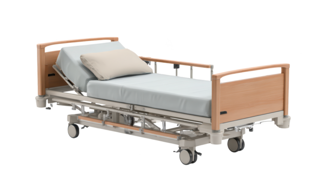 Modern hospital bed, adjustable, with safety rails, pillow, and mattress