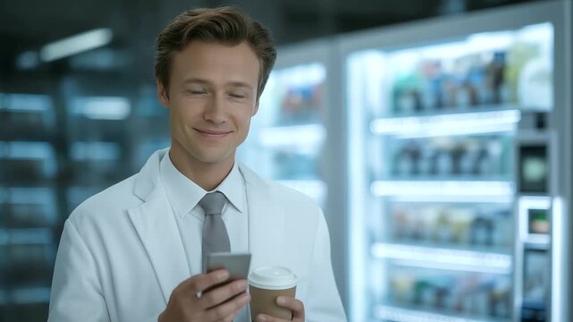 Doctor standing near a coffee vending machine with a cup in hand