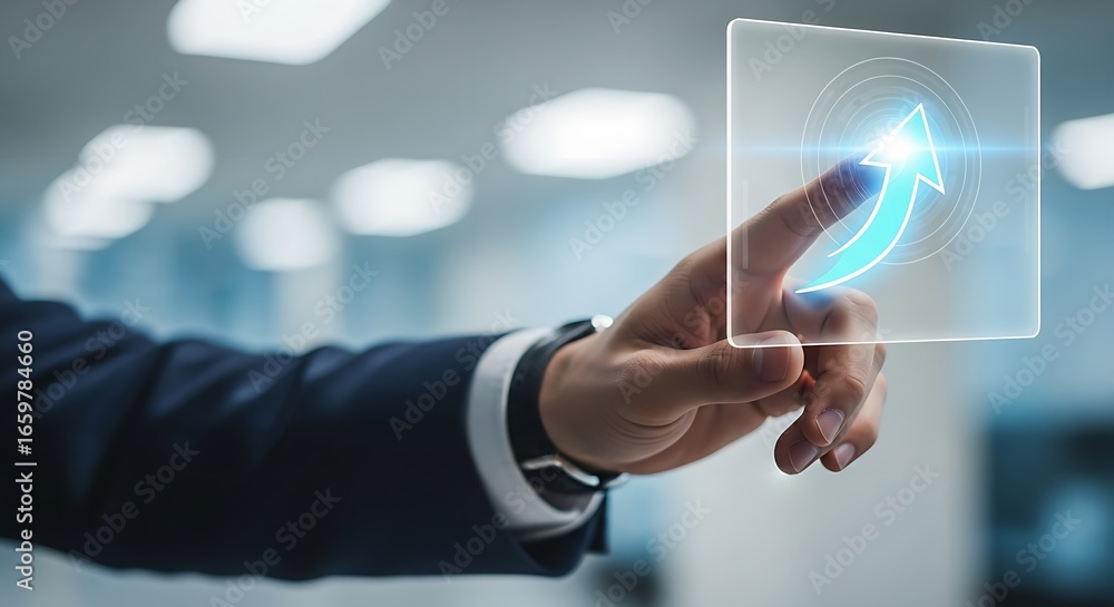 Poster a person in a suit touching a transparent screen with an arrow pointing upwards on the screen