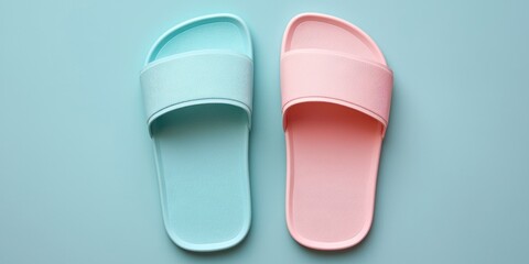 Fototapeta premium A pair of light blue and pink slide sandals rests on a pale turquoise background. The sandals are positioned side-by-side, creating a symmetrical composition. 
