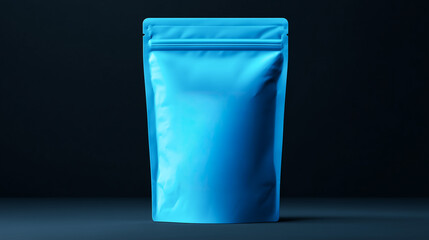 Blue stand-up pouch isolated on a dark background, ideal for product packaging and branding design.