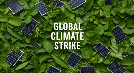 Global Climate Strike: Solar Panels on Green Leaves Symbolizing Renewable Energy and Environmental Activism