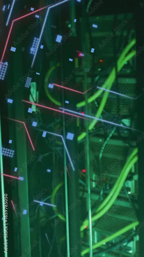 Poster animation of circuit board and data processing over computer servers