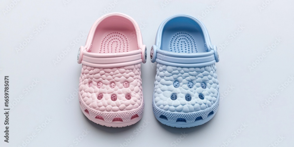 Poster two pairs of baby clogs sit side-by-side on a white surface. one pair is pink and the other is blue.