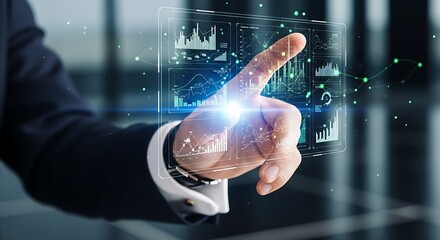 A businessman interacting with a digital interface displaying data charts and graphs in a modern setting