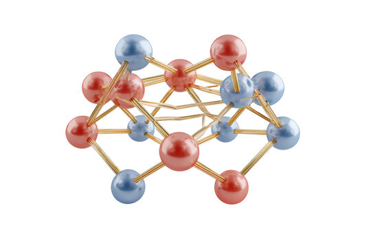 Molecular structure model with red, blue, and gold components against black background - Powered by Adobe