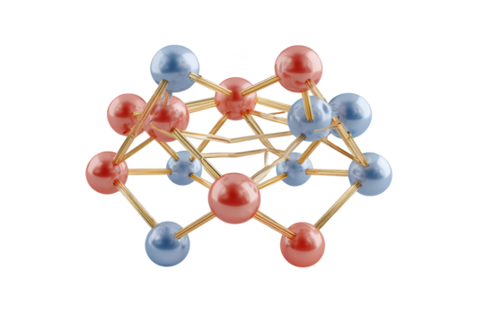 Molecular structure model with red, blue, and gold components against black background