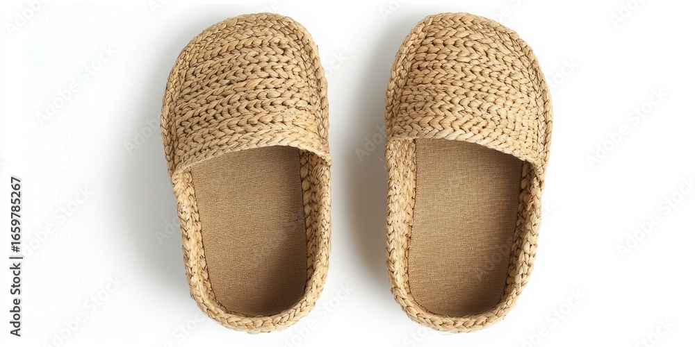 Poster a pair of woven straw slippers rests on a white surface. the slippers have a simple, rectangular sha