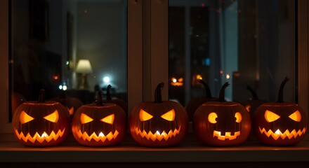 Five illuminated carved pumpkins sit on a windowsill Reflection in the window shows a dimly lit room and city lights