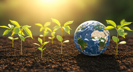 Growing a Greener World: Vibrant young plants and planet Earth thrive in rich soil under golden sunlight, symbolizing global sustainability, environmental growth, and a hopeful ecological future.