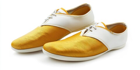 A pair of stylish, yellow and white leather shoes are displayed on a white background. The shoes have a classic, low-profile design with a rounded toe and lace-up closure. 