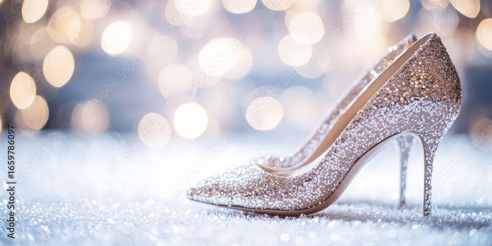 Poster a single, sparkling pink high-heeled shoe rests on a shimmering, snow-covered surface. the shoe is c