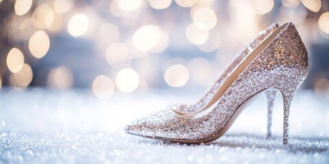 A single, sparkling pink high-heeled shoe rests on a shimmering, snow-covered surface. The shoe is covered in a dense layer of glittering crystals, reflecting light and creating a dazzling effect. 