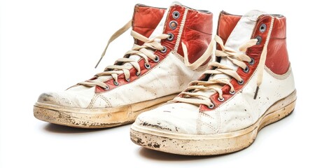 A pair of worn, vintage high-top sneakers sits on a white background. The shoes are predominantly white with red accents on the heel and tongue. 