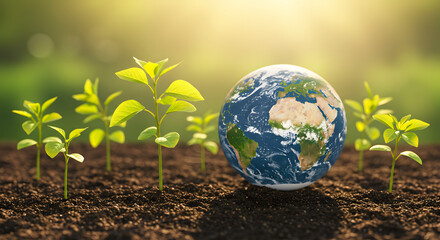 Earth and Vibrant Seedlings: A Symbol of Global Environmental Protection, Growth, and Sustainable Future