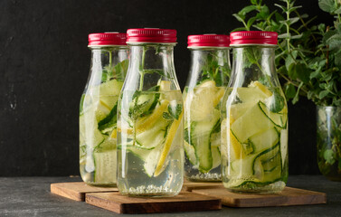 A row of glass bottles with red lids filled with refreshing detox water, containing slices of...