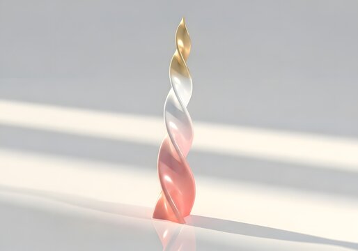 Elegant Twisted Sculpture with Gold White and Pink Gradient on a White Surface