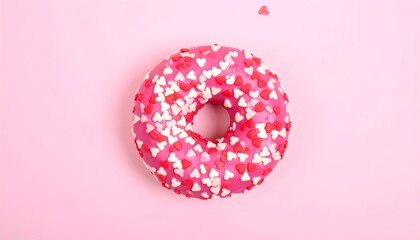 Pink heart-sprinkled donut on pink background