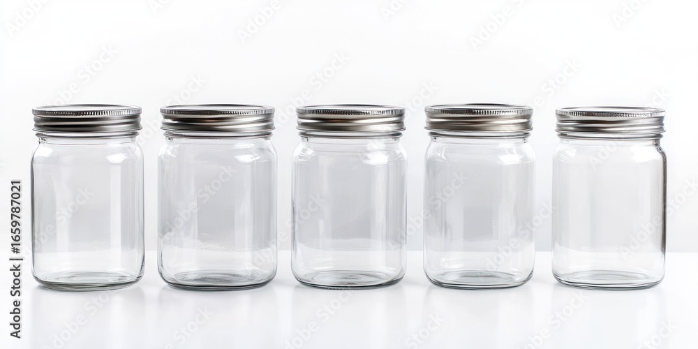 Poster five empty glass jars stand in a row on a white surface. each jar has a silver-colored lid. the jars