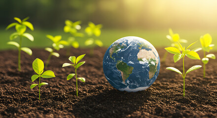 Earth Globe and Thriving Green Seedlings in Rich Soil under Golden Sunlight - A Symbol of Environmental Growth, Sustainability, and a Hopeful Future