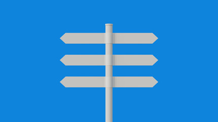 Direction road signs or arrow isolated on blue background. Blank roadsign mockup business concept. Direction sign, choice signpost or travel destination concept.