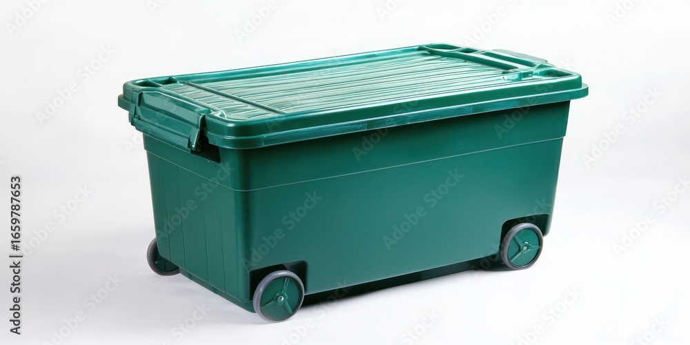Poster A large, dark green plastic storage container sits on a white surface. The container has a hinged lid and two wheels for easy mobility. The container is rectangular and has a textured surface.