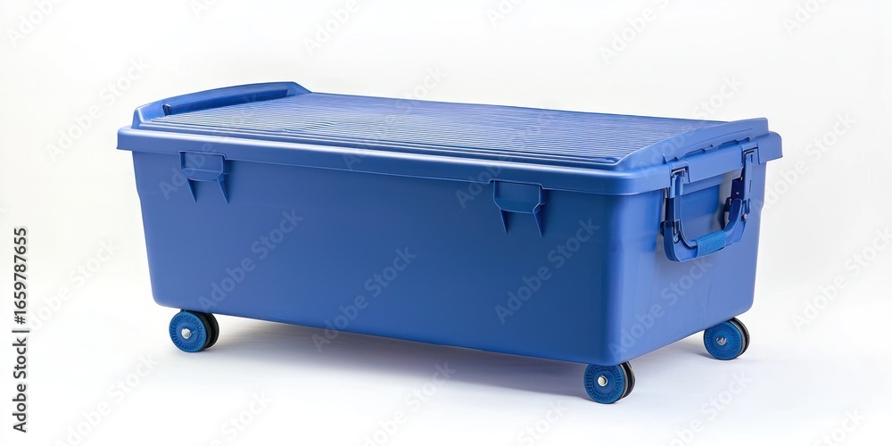 Poster A bright blue plastic storage container with wheels sits on a white surface. The container has a hinged lid with a textured surface and two sturdy handles.