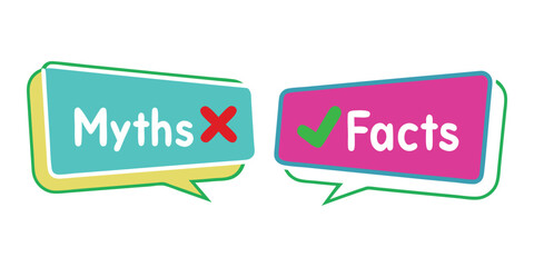 Myths vs Facts. True or False. A modern vector illustration of two speech bubbles for comparison and debunking information for a quiz, an educational infographic, or a social media post.
