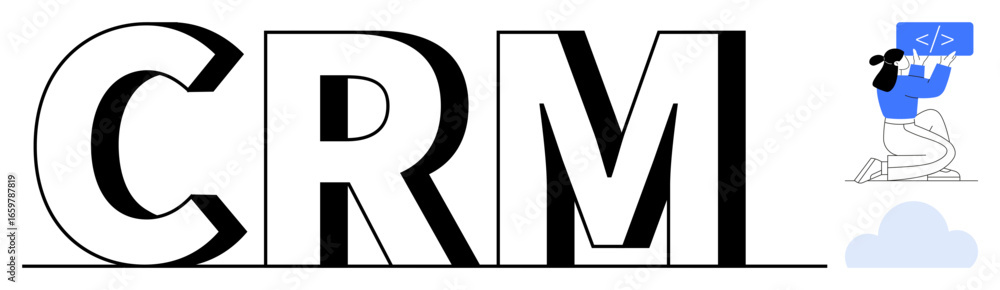 Poster large crm letters in bold, developer writing code on screen, cloud icon. ideal for customer manageme