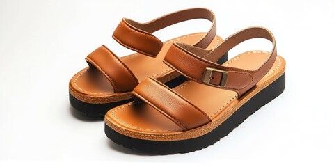 Naklejka premium A pair of brown leather sandals rests on a white surface. The sandals have a thick, textured sole and a buckle closure. The leather is a warm, tan color with visible stitching. 