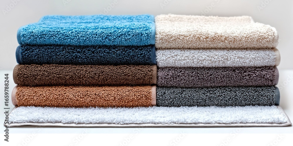 Poster a neatly stacked pile of towels in various colors sits on a white shelf. the towels are fluffy and a