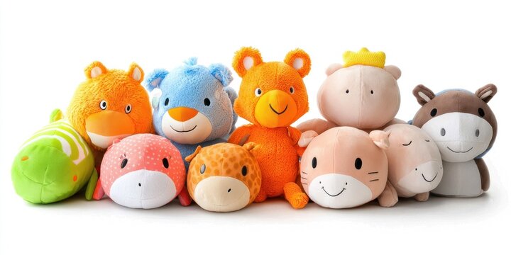 A group of plush toys are arranged in a row on a white surface. The plush toys are various animals, including a bear, a lion, a hippo, a duck, a pig, a bunny, a turtle, and a sheep. - Powered by Adobe